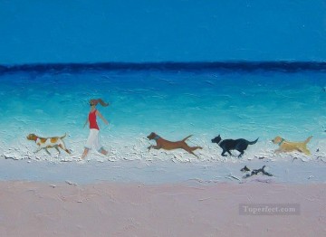 girl with running dogs at beach Oil Paintings